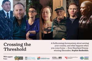 Seven portraits of U.S. Veterans. Below the portraits, the title Crossing the Threshold appears. Along the bottom, logos of supporting organizations are displayed.