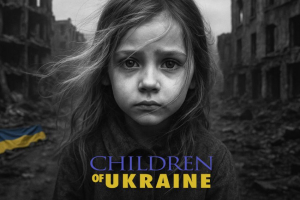 Poster of the humanitarian documentary Children of Ukraine, a girl with a sad face surrounded by the ruins of war. 