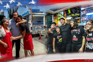 This image is divided in two: On the right side if the Grill of All food truck crew in front of their truck. They are five young people, three guys and two girls. On the left side of the image, you see a Latino family in front of their truck: mom, dad and son. Dad strongly embraces his son as they stand in front of their seafood, or mariscos truck. The American Dream flutters over the top and bottom of the image.