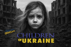 Poster of the humanitarian documentary Children of Ukraine, a girl with a sad face surrounded by the ruins of war.