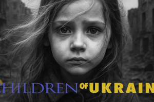 A wide, panoramic film poster featuring a young person's face in a close-up, central position. The person has light-colored hair that appears windblown and a serious, direct gaze. The background consists of desaturated, out-of-focus ruins of buildings, suggesting a scene of significant destruction.  Across the bottom of the image, the title "CHILDREN OF UKRAINE" is displayed in large, bold capital letters. The words "CHILDREN OF" are in dark blue, and the word "UKRAINE" is in a bright yellow. To the far lef