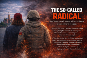 Two figures seen from behind stand side by side, facing St. Basil’s Cathedral in Moscow's Kremlin and a burning battlefield. The image is split between a peaceful cityscape on the left and flames and smoke on the right.