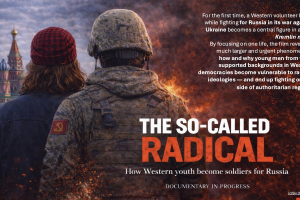 Two figures seen from behind stand side by side, facing St. Basil’s Cathedral in Moscow's Kremlin and a burning battlefield. The image is split between a peaceful cityscape on the left and flames and smoke on the right. 