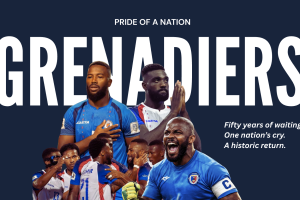 Members of the Haitian National Football team in front of the film title Les Grenadiers.