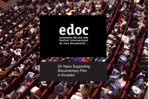 A high-angle view showing sections of occupied seats in a film theater. Overlaid on the image is a black box featuring the EDOC Film Festival logo with the text "Encuentros del Otro Cine Festival Internacional de Cine Documental" and the anniversary phrase "25 Years Supporting Documentary Film in Ecuador".
