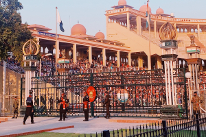 A performance taking place at a stadium between India and Pakistan.