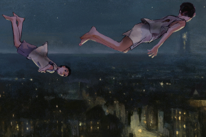 Illustration of two children in white shorts and T-shirts gliding through the night sky