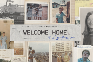 Penni Evans's personal archive of photographs of herself before, during and after the Vietnam War, overlaid by the film's title, 'Welcome Home, Sister.'