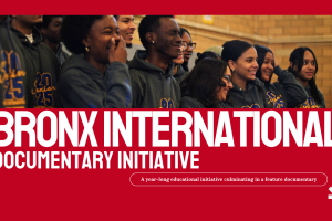 image of students in front of a red back ground, the project title in white letters below