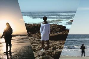 Collage of 3 photos, each with a person standing in front of the ocean