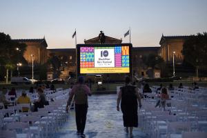 An outdoor venue for the 2021 Black Star Film Festival; the screen shows the BlackStar Film Festival logo. Photo courtesy of Terrell Halsey