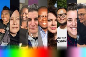A collage of members of the LGBTQ roundtable with a rainbow gradient on the bottom. From left to right: PJ Raval, Kim Yutani, Yvonne Welbon, Jess Search, Yance Ford, Lindsey Dryden, Set Hernandez Rongkilyo, Viridiana Lieberman, and Sam Feder. Courtesy of those listed 