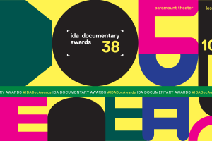 Colorful banner for the 38th IDA Documentary Awards, December 10, 2022 at Paramount Theater, Los Angeles.