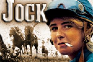 "Jock" Documentary Film Poster. A sepia-toned image of jockey's racing horses with a color image in front of a young girl smoking a cigarette and wearing a jockey's helmet.