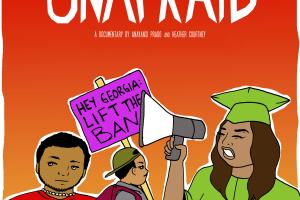 An animated graduate in a green rob holds a megaphone in front of a student protester and latin american individual with a "I am Undocumented" red t-shirt.