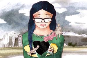A 2D animated watercolor painted image of a girl wearing glasses with long, dark black hair, wearing a green sweater with a yellow broken heart and a pink ribbon on the shoulder. Her eyes are closed and she faces downward looking a bit sad. Another girl in a dress painted grey sits on her shoulder, and a boy painted the same color grey floats in front of her. The girl in glasses is against a grey, cloudy sky with a cityscape of highrise buildings in the distance behind her.
