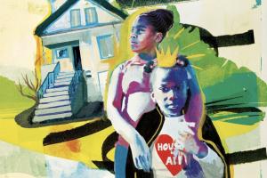 A Black adult woman and a young Black girl with a "housing 4 all" t-shirt stand in front of a city house in this painted image