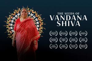 Vandana Shiva wears a red sari and stands in front of a halo of seeds. 