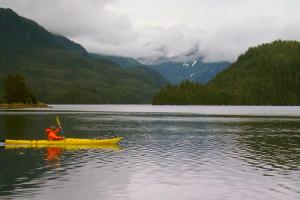 yellow kayak glides across large lake