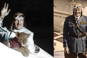 Roscoe Turner waves from the cockpit of a plane with his pet tiger in the left photo. He stands on the tarmac in front of his plane in the right photo.