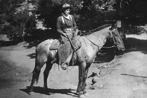 A 19th century cowboy on horseback with a rifle.