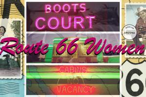 A collage of images from Route 66, including neon signs, diner storefronts and highway signs. 