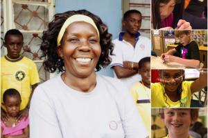 A compilation of photos of diverse children and instructors smiling and working on crafts.