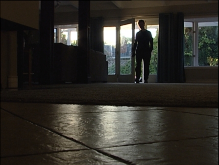 Video still of the interior of a house, with a man entering from a glass door.
