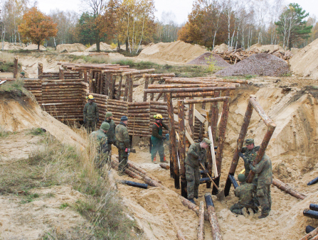 A group of soldiers build a makeshift barrack with wood cut from trees in a sand-filled field