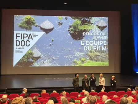 Four people stand in front of a stage during a post-screening q&a.