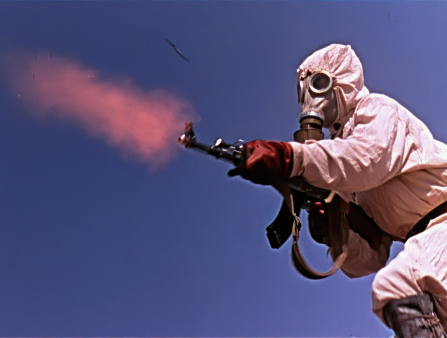 Shot of a man in a hazmat suit with a gun shot against the bright blue sky