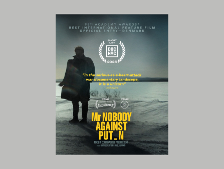 A movie poster featuring a man's silhouette against a snowy outdoor backdrop has yellow letters spelling out the title: Mr Nobody Against Putin except that final i is blanked
