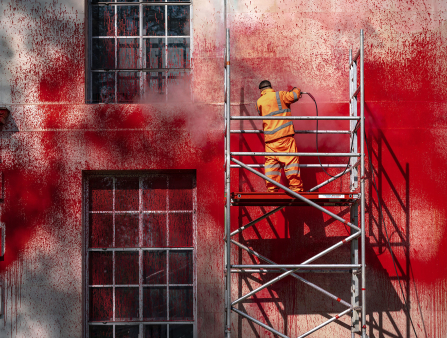 A person in an orange jumpsuit is seen standing atop a scaffold in a building that's been spray painted red indiscriminately