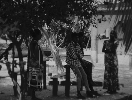 Black and white photo of three men and two women standing under a tree