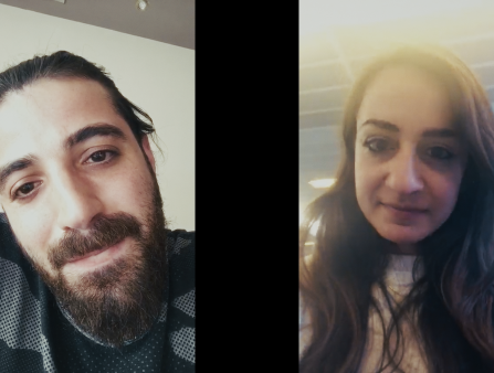 Two side by side vertical images taken with front cameras, of a bearded man on the right and a woman with long dark hair on the left