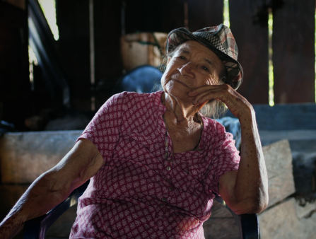 An elderly woman in a pink blouse and a checkered hat rests her head on her left hand. She sits in a black chair in what appears to be a wooden barn
