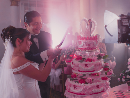 A man in a suit and a woman in a wedding dress cut a tiered pink wedding cake almost as tall as the two of them. A camera films the two and a pink diffused light comes through the window
