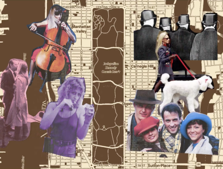 Collage of various photos of people overlaid on a map of New York City centered on Central park. To the west of the map are a woman playing a cello, a woman smoking a cigarette, and a couple embracing while the woman leads her dog on a leash. On the East Side of the map are the backs of four men in top hats, a blonde woman in a trench coat and sunglasses walking a white poodle, and a group of four young people smiling and embracing.