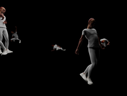 3D model of a person in white shirt and white pants with a pink buzzcut contorted in various positions in a black void