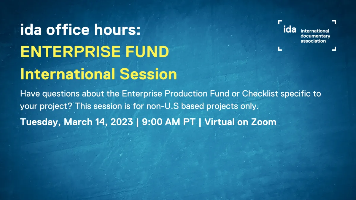 Flyer with blue background with white and gold text highlighting ida office hours, international info session, March 14, 2023, 9:00 AM PT.