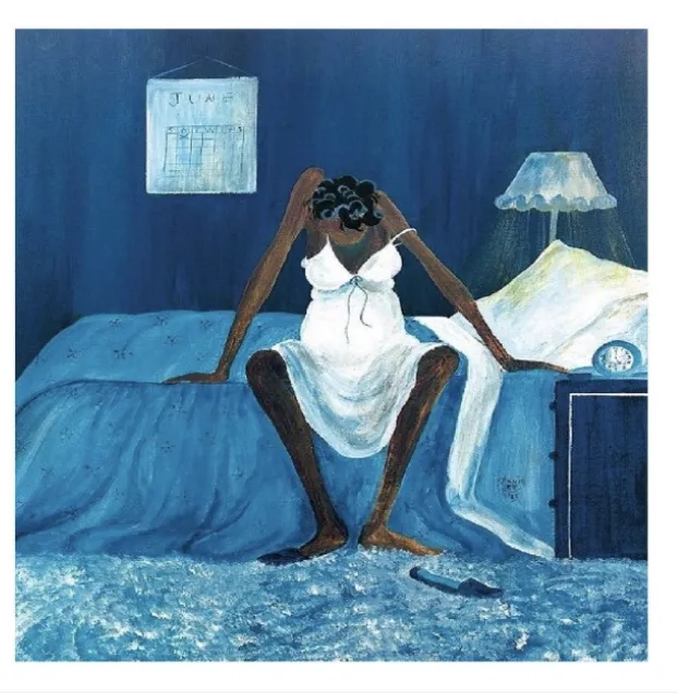 Illustrated image of a Black woman wearing a nightgown, sitting on a bed and looking down