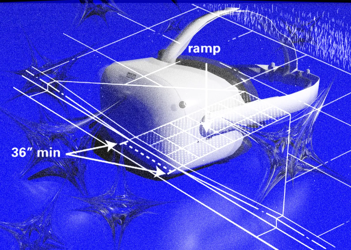 Rectangular computer graphic of a white and black Oculus quest 2 VR headset over a blue background with crystalline star objects scattered in the frame. Superimposed over the image is a white curb cut diagram. The whole image is treated with artificial grain.