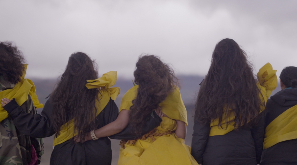 Five women stand with their backs to the camera embracing each other in a line with the gray sky in front of them. They all have long brown hair and are wearing traditional Native Hawaiian kihei dyed with olena (turmeric) that are tied around their shoulders. 