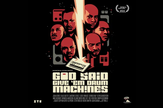 Film poster featuring a cartoon depiction of six men and a lightning bolt hitting a drum machine