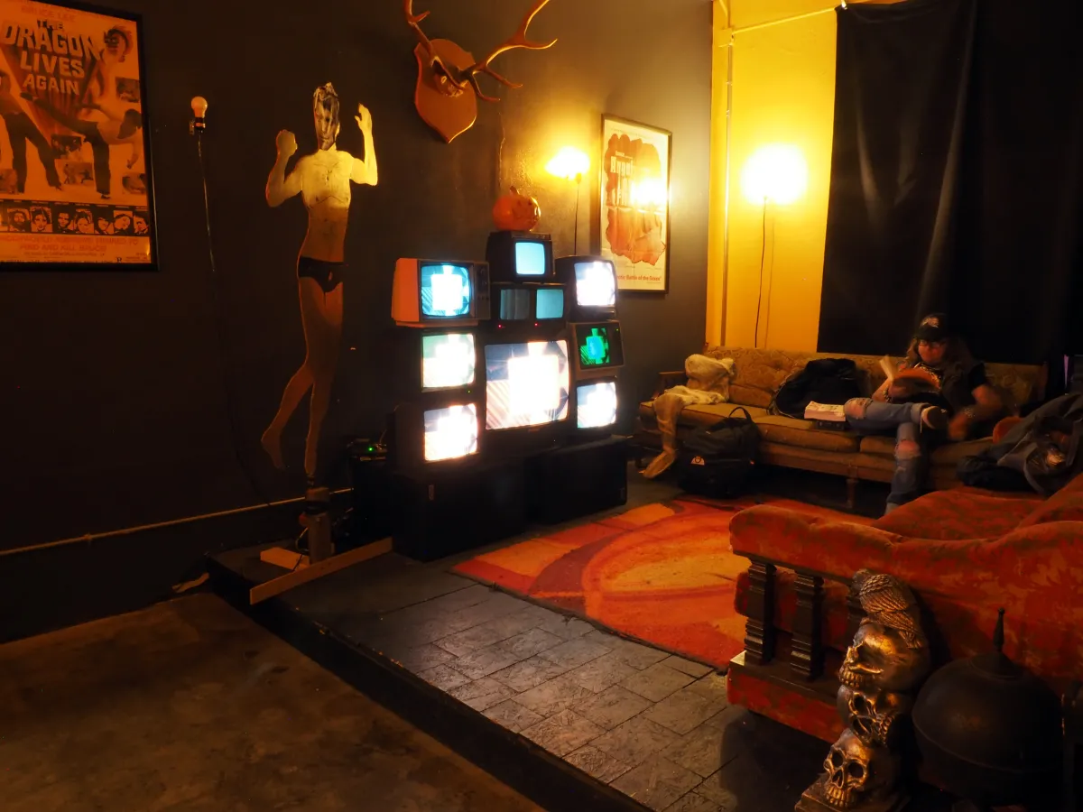 Interior of Stray Cat Film Center, a storefront microcinema in Kansas City