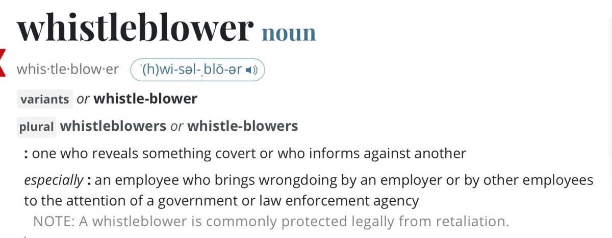 A screenshot of the dictionary definition of the word "whistleblower"
