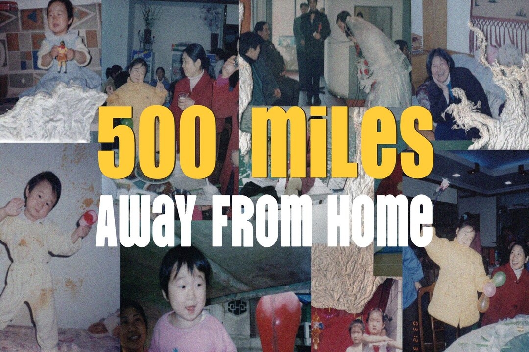 A collage of old photos of a young child, with the text 500 Miles Away from Home superimposed on top