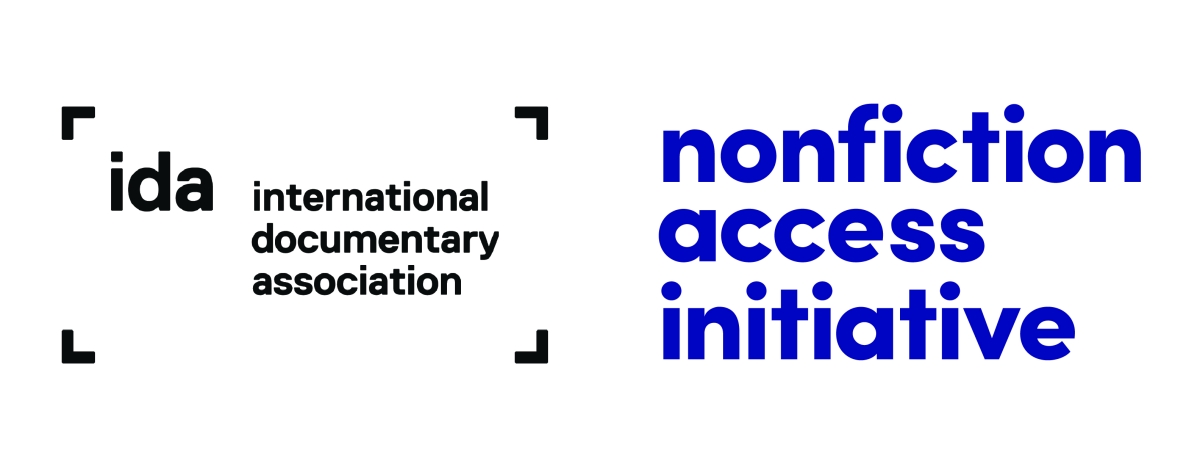 Black IDA International Documentary Association logo on the left of blue bold letters of nonfiction access initiative logo