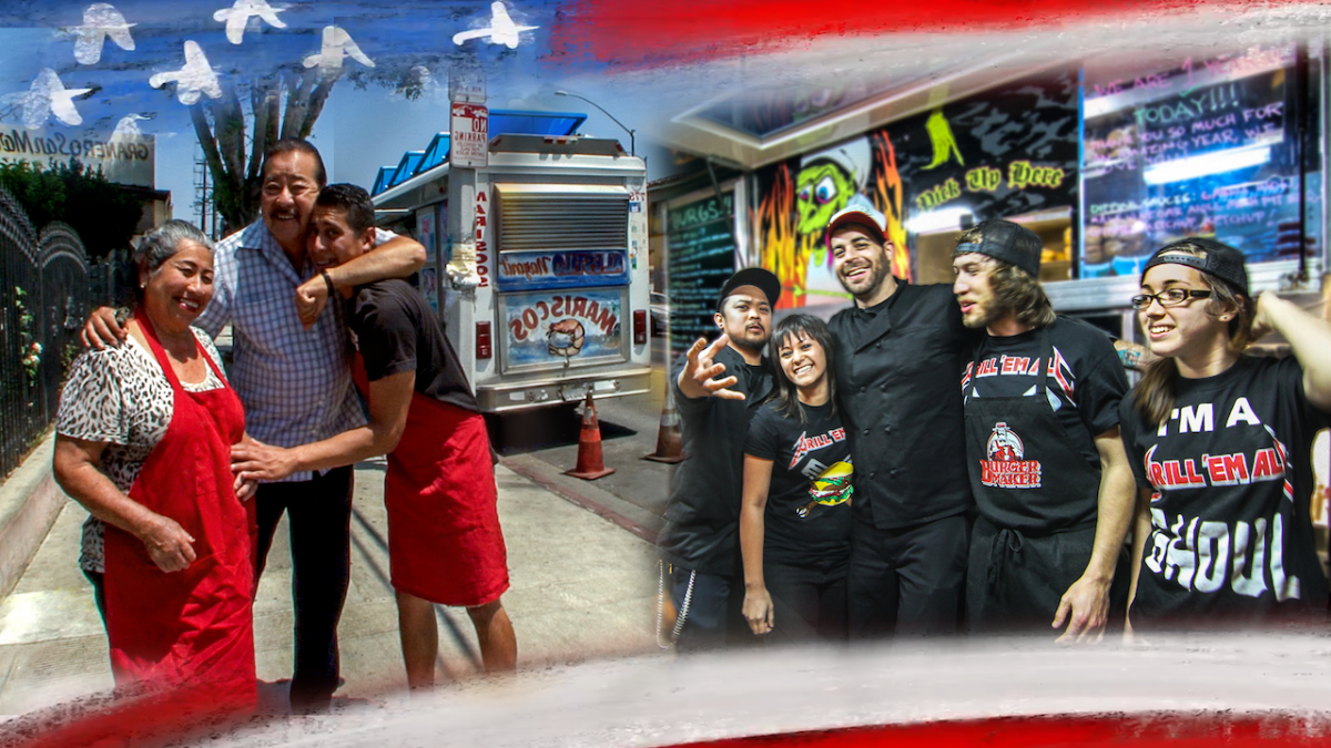 Two images graphically blended, with the American flag framing them. On right are five members of The Grill 'Em All, with a burger truck behind them. They're wearing black T-shirts and caps. On the left is a family of three, embracing each other and wearing read aprons.
