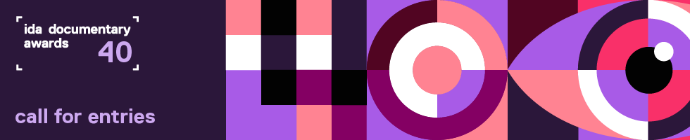 IDA Documentary Awards 2024 page banner with purple, pink, black, orange and white colors. It reads ida documentary awards 40 on left with Call for Entries under it. To the right there are pixel icons shaped as 4 and 0 and an eye.